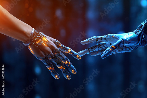 Conceptual Artificial technology image,.Robot's hand reaching out to another one. Created with Generative AI technology.