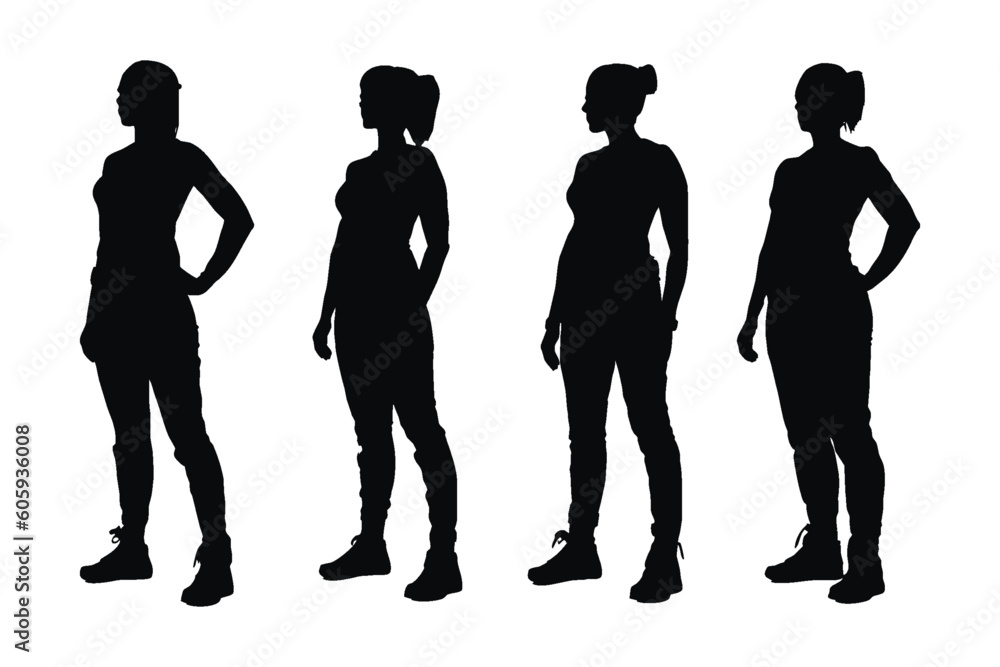 Muscular female model standing in different position silhouette set vector. Bodybuilder and gymnast girl with anonymous faces. Muscular sports women silhouette collection. Bodybuilder girl silhouette.