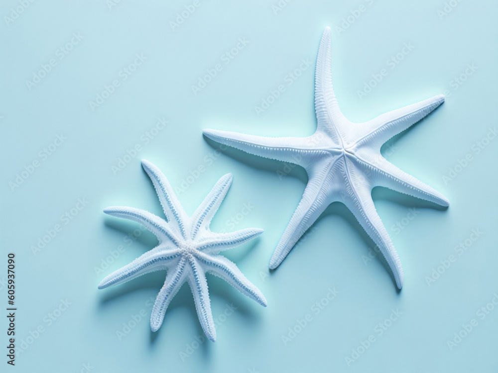 Starfish on blue background. Minimal summer concept. Top view. AI generated. Starfish on blue background. Minimal summer concept. Top view. AI generated.