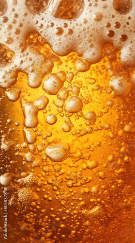 Background of light golden beer with bubbles and foam