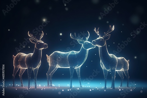 A magic festive reindeer family covered in glowing lights, in a winter scene