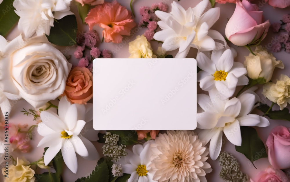 A blank white card or invitation surrounded by beautiful white flowers, summer flowers and bright colors. Copy space, greeting card. Shallow depth of field, Illustrative Generative AI.
