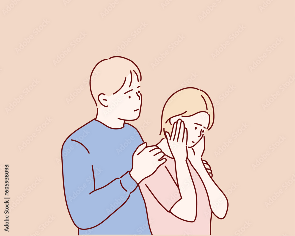 Worried man embracing comforting grown up woman with broken heart. Hand drawn style vector design illustrations. Worried man embracing comforting grown up woman with broken heart. Hand drawn style vector design illustrations.