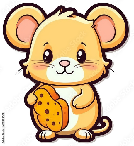 Cute mouse with cheese in the paws.   awaii cartoon sticker