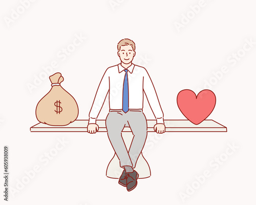 business man and huge scales with heart and Money . Balance between money and love.Hand drawn style vector design illustrations.