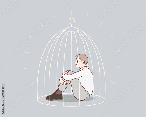 Man locked in cage. businessman needs psychological help.Hand drawn style vector design illustrations.