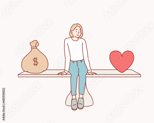 Happy girl and huge scales with heart and Money . Balance between money and love. Hand drawn style vector design illustrations.