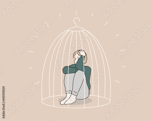 woman locked in cage. Sad girl needs psychological help. Hand drawn style vector design illustrations.