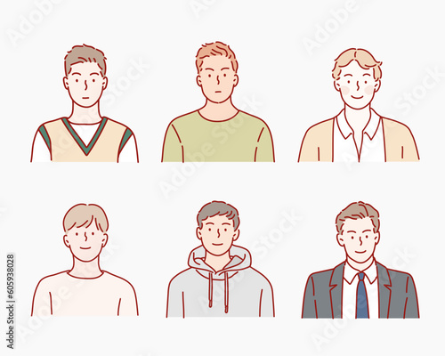 Adult male portraits vector collection. Hand drawn style vector design illustrations.