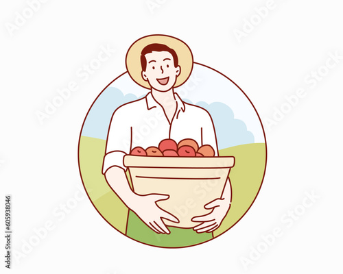 Farmer with freshly harvested apples in wooden box. Hand drawn style vector design illustrations.