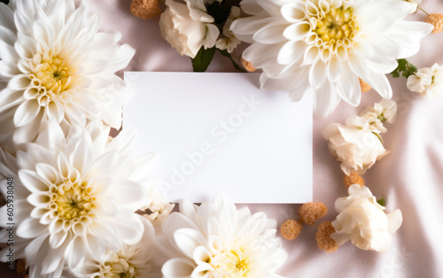 A blank white card or invitation surrounded by beautiful white flowers, summer flowers and bright colors. Copy space, greeting card. Shallow depth of field, Illustrative Generative AI. © henjon