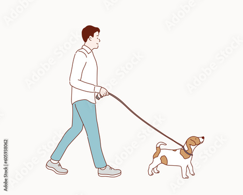 man walking a beagle dog. Hand drawn style vector design illustrations.