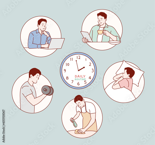 Male routine. Lifestyle activities temporal distribution, young woman daily schedule, life scenes around big clock face. Hand drawn style vector design illustrations.