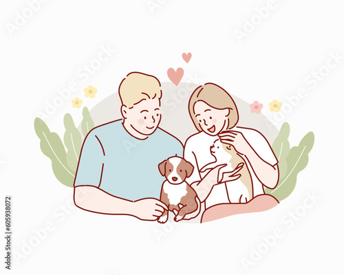 Beautiful young couple with their dogs. Hand drawn style vector design illustrations.