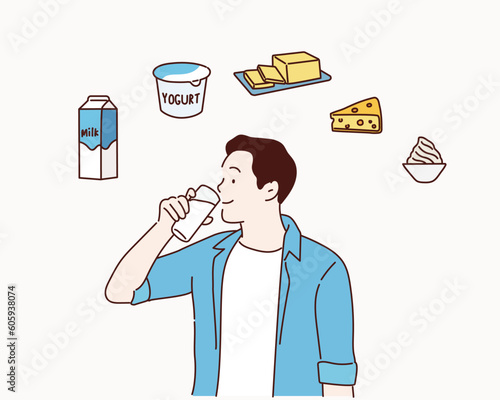 man with glass of tasty milk. Hand drawn style vector design illustrations.