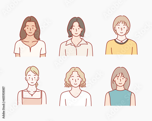 Female diverse faces, different ethnicity and hairstyle. Hand drawn style vector design illustrations.