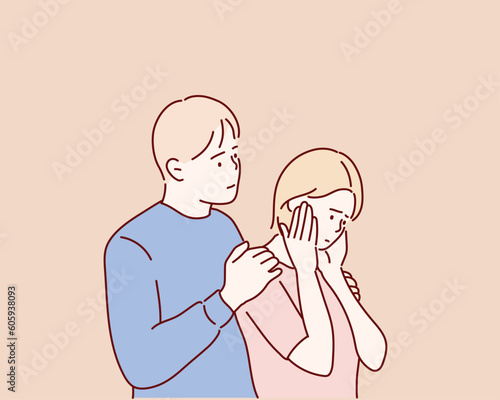Worried man embracing comforting grown up woman with broken heart. Hand drawn style vector design illustrations.