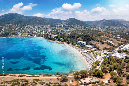 Panoramic view of the bay of Avlaki at Porto Rafti, Attica, Greece, with turquoise sea and sand beaches