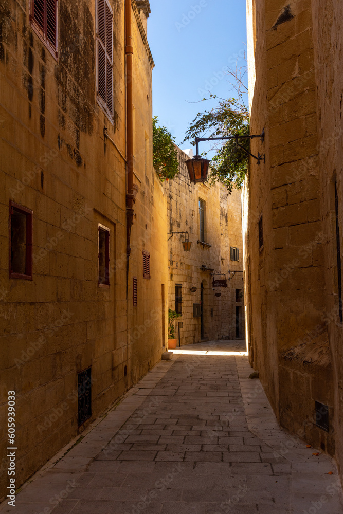 Narrow stone street in old city of Mdina, ancient capital of Malta