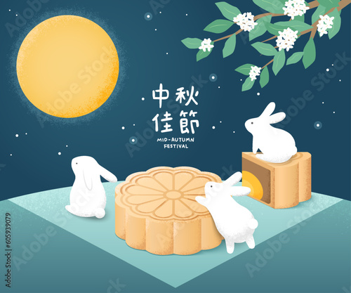 Fotografia Hand drawn illustration of mid-autumn festival with mooncakes and rabbits