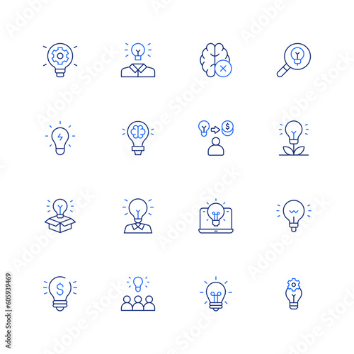 Idea icon set. Editable stroke. Duotone color. Thin line icon. Containing idea, art and design, research, light bulb, intellectual property, funding, bio energy, laptop.