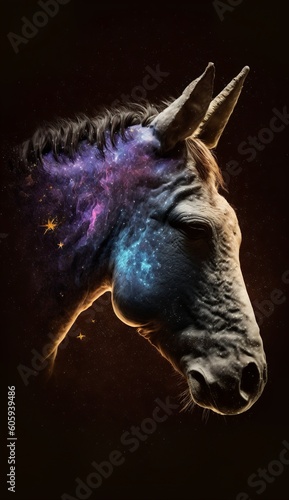 a donkey's head with a galaxy background
