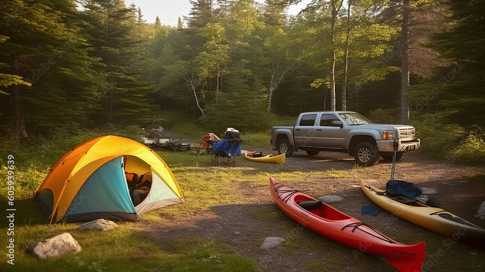 A wilderness campsite with a pickup truck, with colorful kayaks, and a pitched tent in the woods. Generative AI - obrazy, fototapety, plakaty 