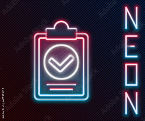 Glowing neon line Verification of delivery list clipboard icon isolated on black background. Colorful outline concept. Vector Illustration