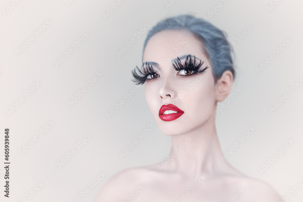 Woman with feather eyelashes make-up