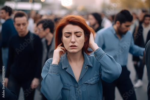 caucasian woman experiencing panic attack in public crowded place. Neural network generated in May 2023. Not based on any actual person, scene or pattern. Generative AI