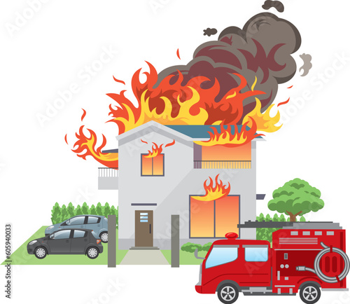 燃えている二階建て住宅と消防車のイメージイラスト