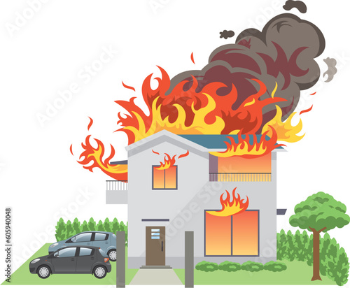 燃えている二階建て住宅のイメージイラスト