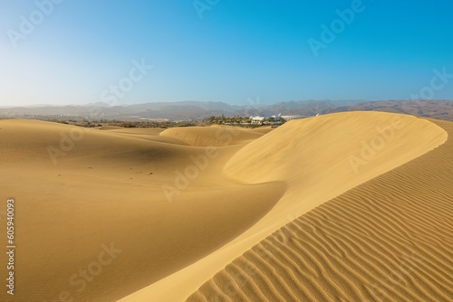Maspalomas Dunes at sunset: several companies offer camel rides and sandboarding tours of the nearby dunes, giving visitors a chance to experience the unique landscape in fun and adventurous way.