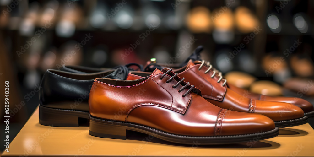 Leather fashion shoes on sale in mall boutique. Generative AI Leather fashion shoes on sale in mall boutique. Generative AI