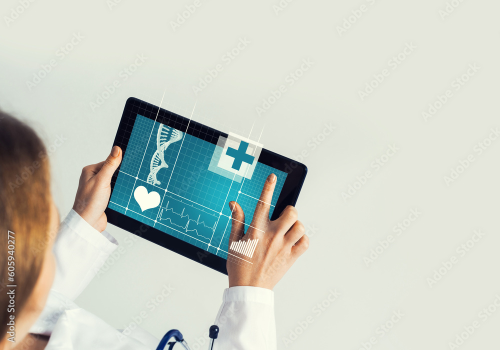 Close of female doctor hands working with tablet pc computer Close of female doctor hands working with tablet pc computer