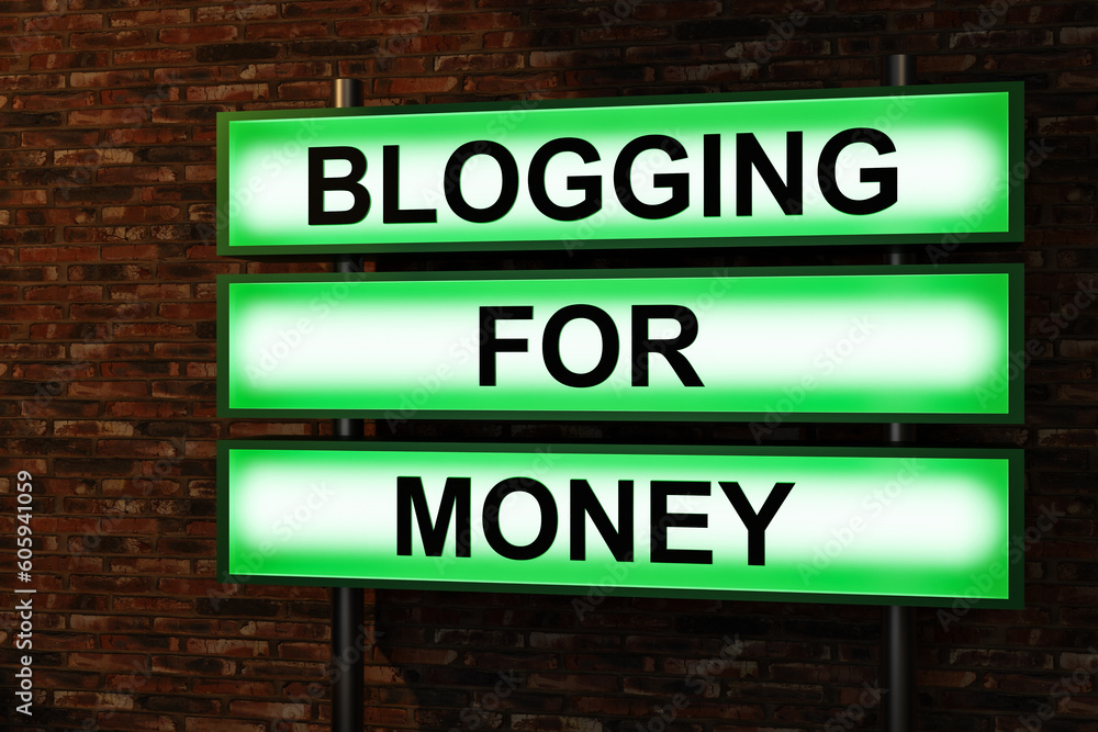 Blogging for money. Black letters on a light box. Illuminated sign in front of a red brick wall. Influencer, making money, internet, online, social media, follower and communication. 3D illustration Blogging for money. Black letters on a light box. Illuminated sign in front of a red brick wall. Influencer, making money, internet, online, social media, follower and communication. 3D illustration