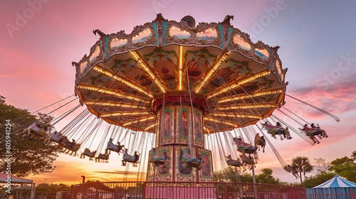 Wallpaper Mural Whirling in Sunset Hues: The Mesmerizing Flight of a Pink Carousel Ride. Generative AI Torontodigital.ca