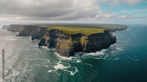 Behold the captivating aerial view of the Cliffs of Moher in Ireland, where the towering cliffs stand as sentinels against the crashing waves. Generated by AI.