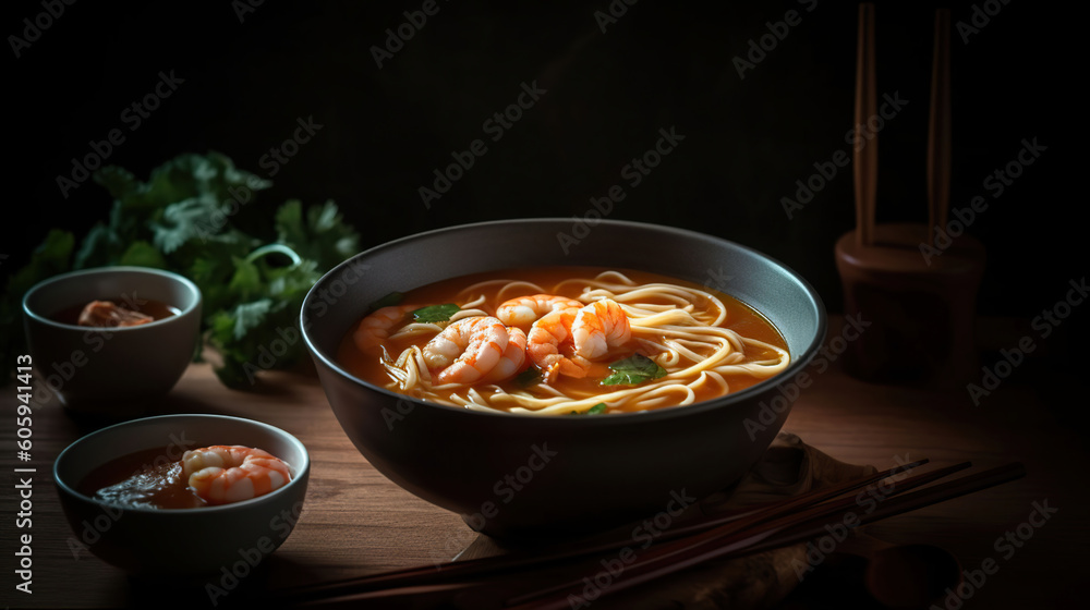 A bowl containing soup with shrimp and noodles, in the style of tabletop photography, Generative AI A bowl containing soup with shrimp and noodles, in the style of tabletop photography, Generative AI