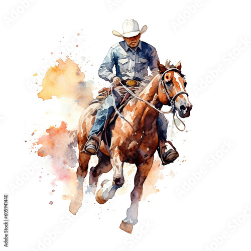 A watercolor painting of a cowboy riding a horse. Generative AI.