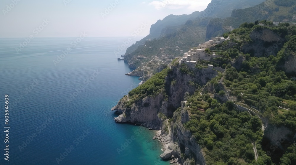 Behold the captivating aerial view of the scenic Amalfi Coast in Italy, where the rugged coastline stretches along the horizon, revealing hidden grottos. Generated by AI.
