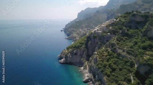 Behold the captivating aerial view of the scenic Amalfi Coast in Italy, where the rugged coastline stretches along the horizon, revealing hidden grottos. Generated by AI.