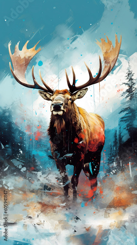 A painting of a moose running through a forest. Generative AI.