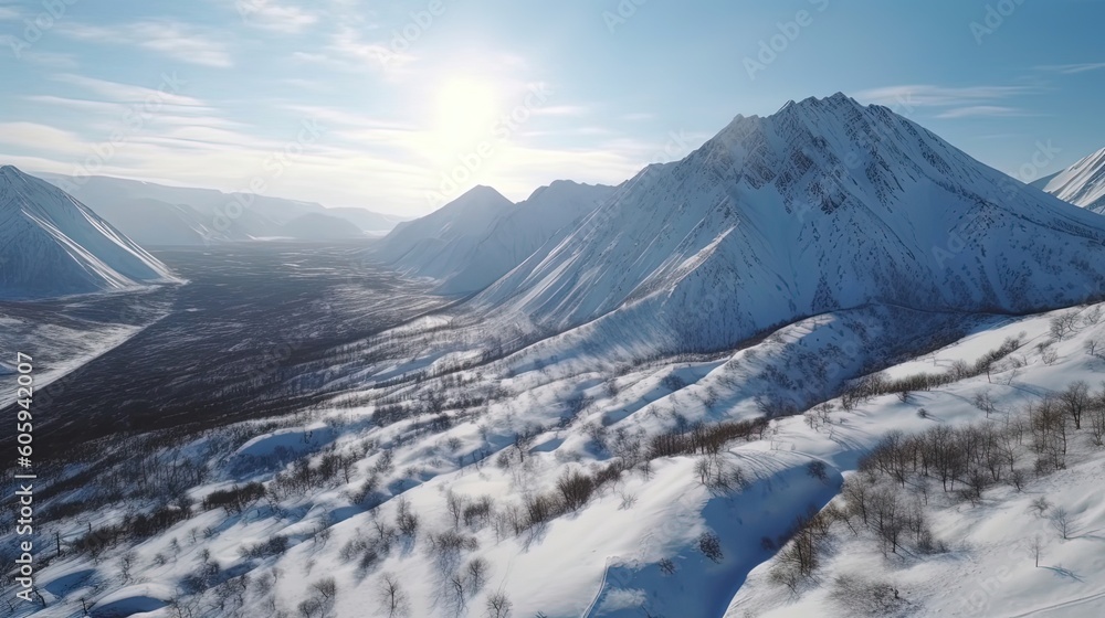 From an aerial perspective, the drone footage reveals the awe-inspiring beauty of a snow-covered mountain range. Generated by AI.