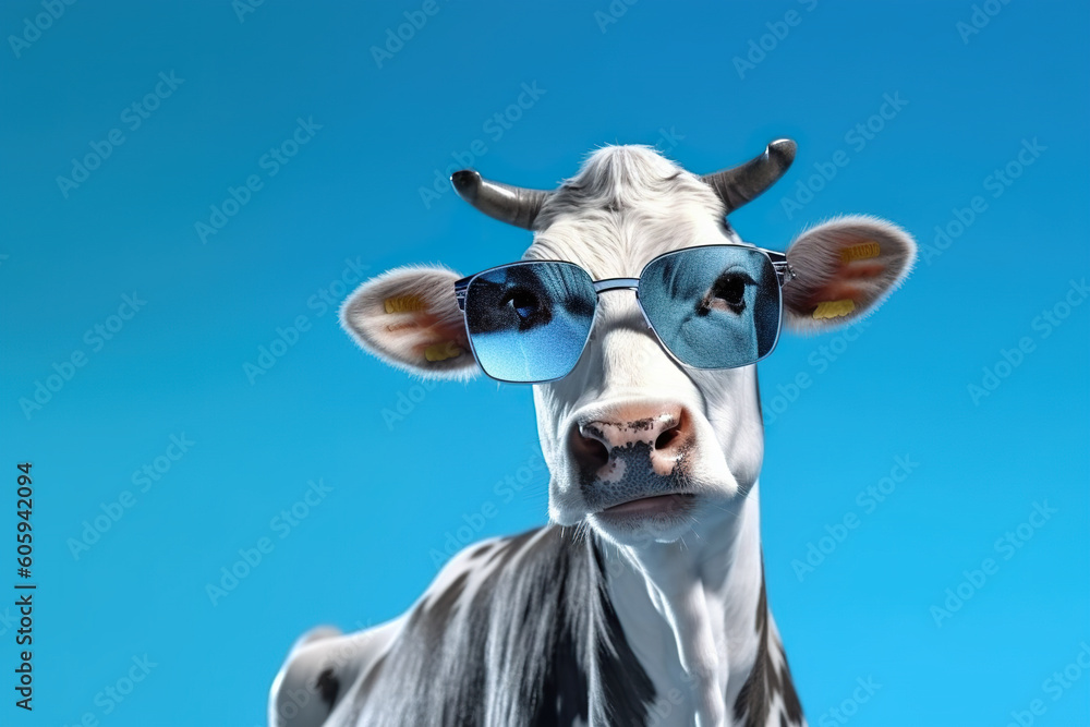 A close up of a cow wearing sunglasses. Generative AI.