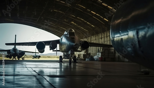 Foto American military bomber aircraft with bombs parked in airport base hangar ready for flight attack