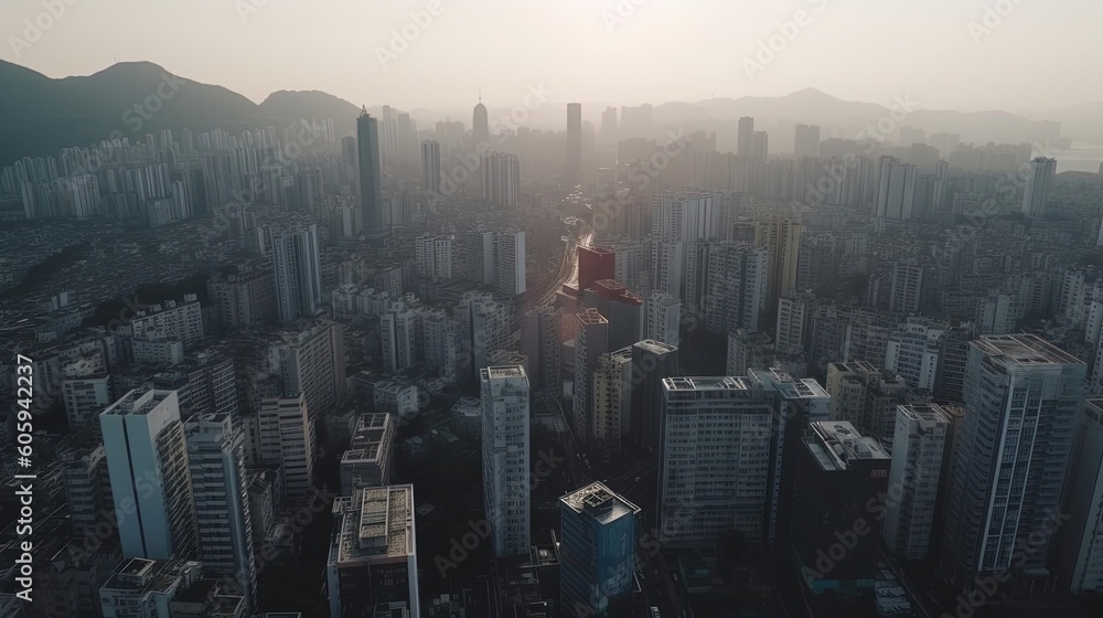 The exhilarating drone footage captures the pulsating energy of a bustling metropolis, as towering skyscrapers reach for the sky. Generated by AI.