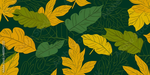 Illustrated Repetitive Seamless Pattern of Tropical Green and Yellow Autumn Leaves, Created by Generative AI