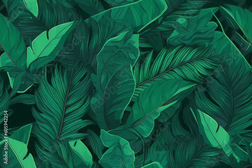 Exquisite Repetitive Seamless Pattern of Vibrant Tropical Green Leaves  Creating a Breathtaking Display of Lush Foliage    Created by Generative AI