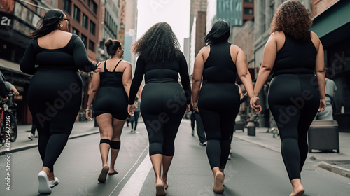 A photographic - style image of a group of women walking down a bustling city street, all wearing Shapewear bodysuits and radiating confidence and self - assurance. Generative AI